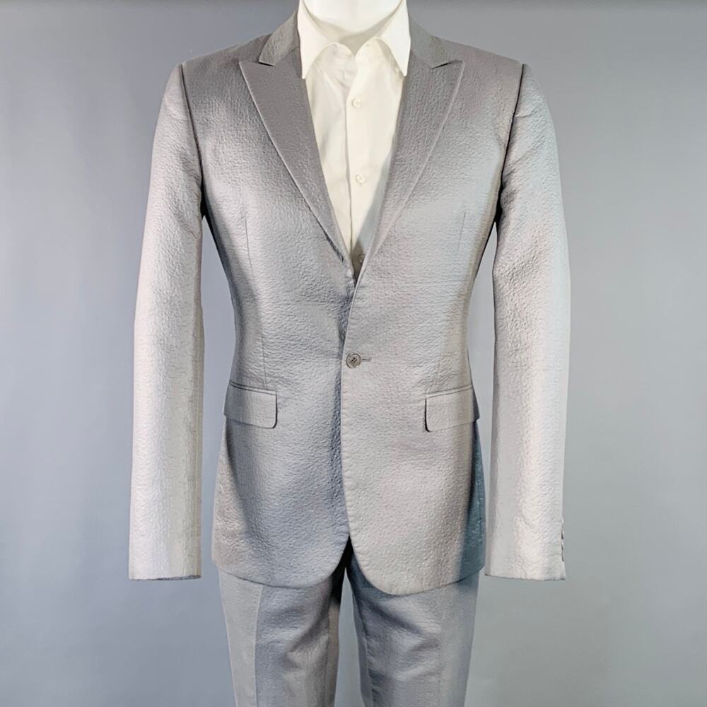 CALVIN KLEIN COLLECTION Size 38 Grey Textured Cotton Blend Peak Lapel Suit